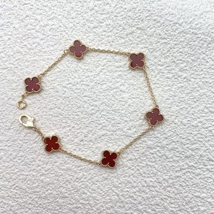 High version 925 silver 9mm small six-flower mini four-leaf clover bracelet women's full diamond natural white fritillary red chalcedony agate