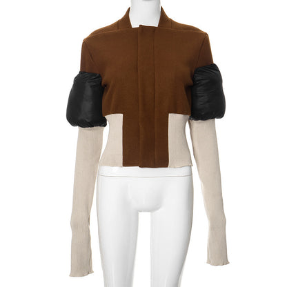 M23TP672 European and American Women's Winter New Vertical Collar Zipper Cardigan Rib Contrast Color Stitching Long Sleeve Padded Cotton Jacket