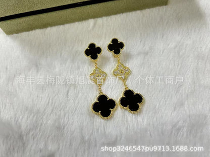 2024 New Four-Leaf Clover Three-Flower Plated 18K Gold Black Agate Red Chalcedony Long Earrings for Women Ins Earrings Anti-Over