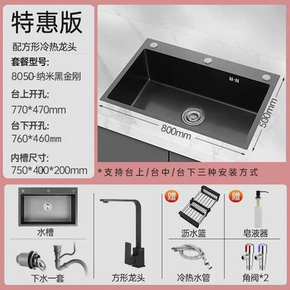 Black 304 Stainless Steel Sink 3mm Thickeneded Kitchen Sink Large Single Tank Household Above Counter Basin under Counter Dishwashing Basin