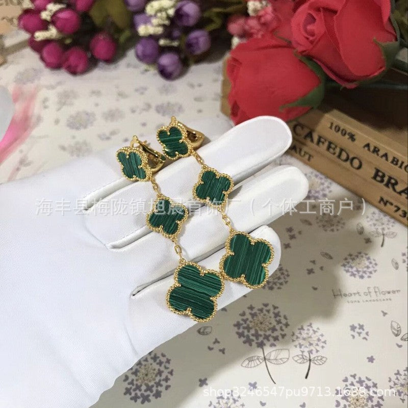 2024 New Four-Leaf Clover Three-Flower Plated 18K Gold Black Agate Red Chalcedony Long Earrings for Women Ins Earrings Anti-Over