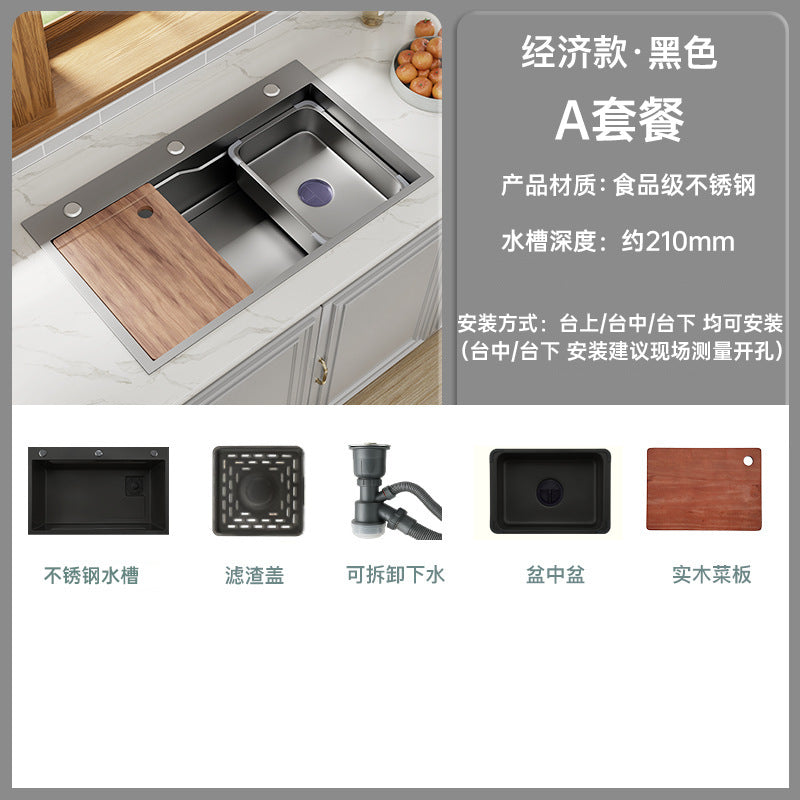 Kitchen Sink Large Single-Slot Thickened Stainless Steel Sink Nano Gun Gray Handmade Household Sink Sink