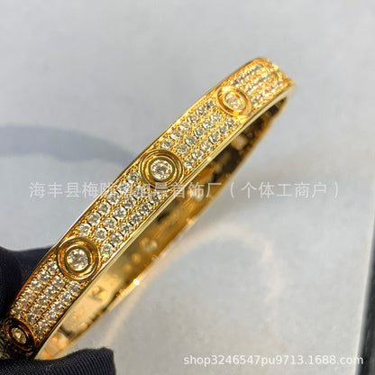 High Version Classic LOVE Gypsophila Three Row Diamond Full Diamond Couple Bracelet Wide Version Thick 18K Rose Gold Plating