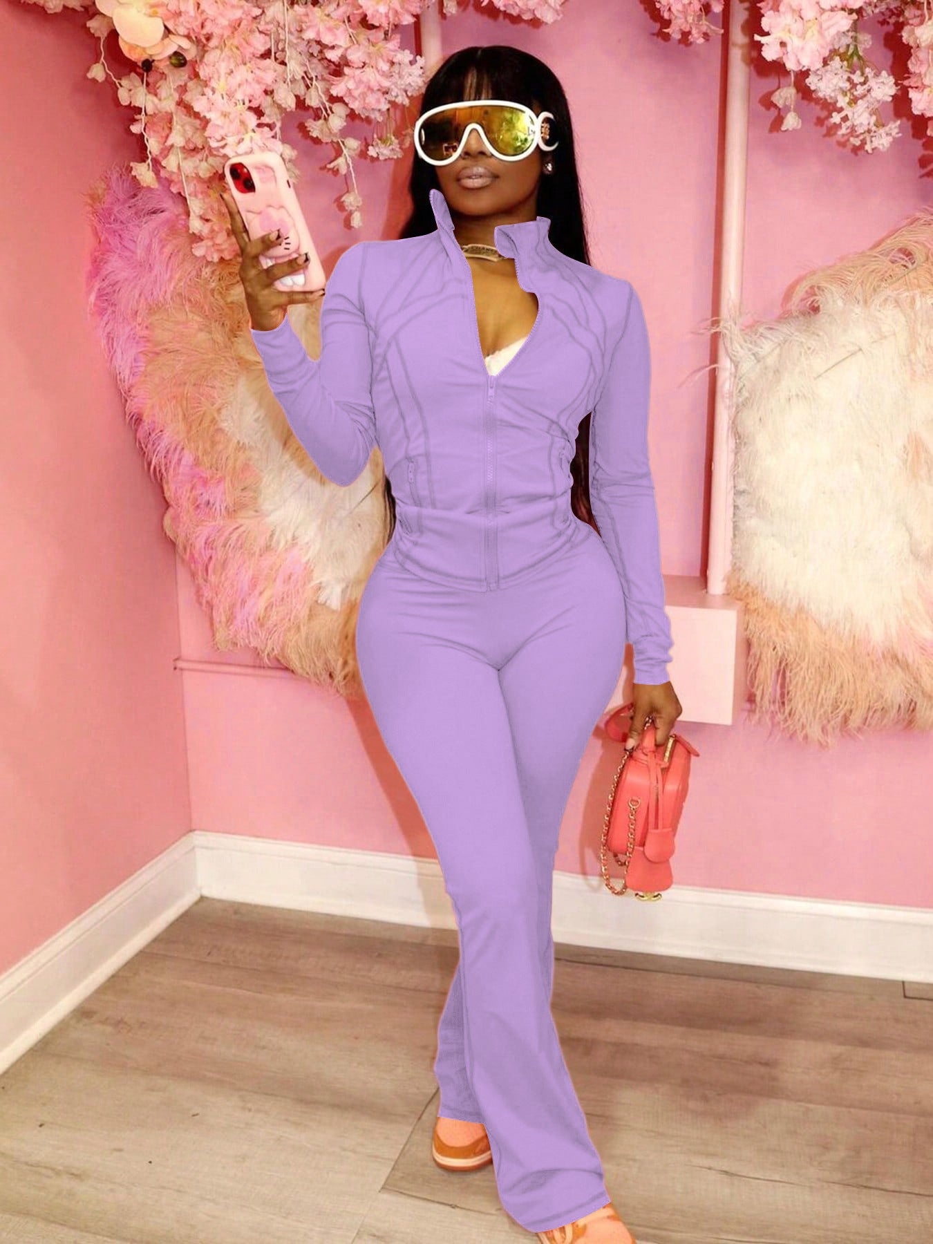 S391382 European and American Sports Casual Women's Clothing Cross-Border Supply Sexy Tight-Fitting Long-Sleeved Micro-Flared Two-Piece Set