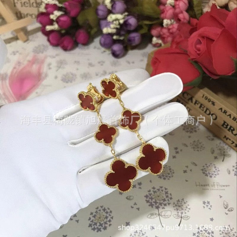 2024 New Four-Leaf Clover Three-Flower Plated 18K Gold Black Agate Red Chalcedony Long Earrings for Women Ins Earrings Anti-Over