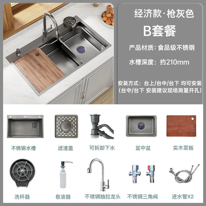 Kitchen Sink Large Single-Slot Thickened Stainless Steel Sink Nano Gun Gray Handmade Household Sink Sink