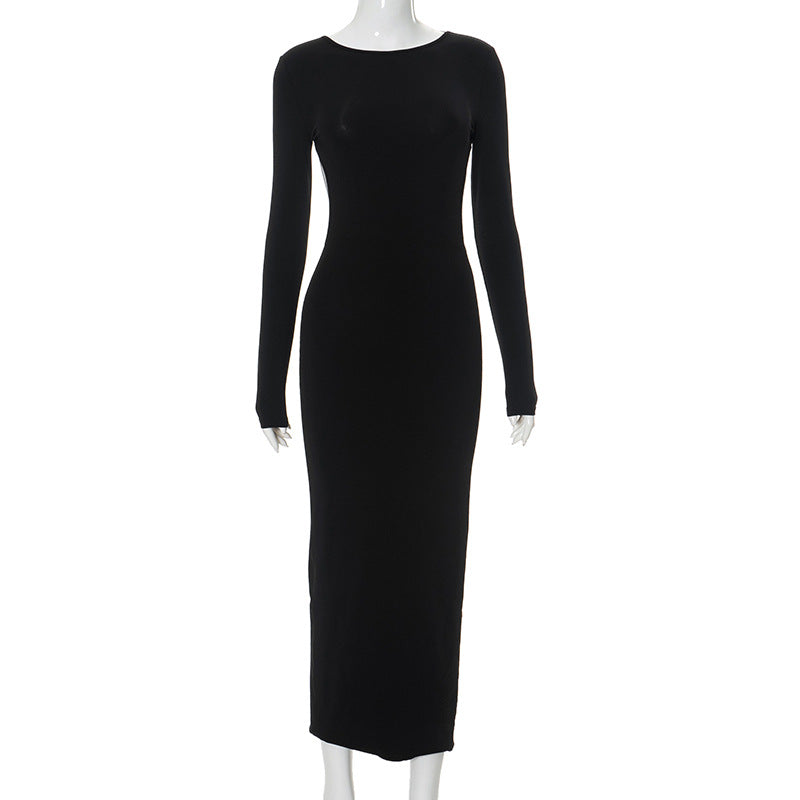 K24DS359 Cross-border European and American Style Ins Solid Color Fashion Hip Dress Crewneck Backless Long Sleeve Sexy dress