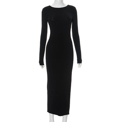 K24DS359 Cross-border European and American Style Ins Solid Color Fashion Hip Dress Crewneck Backless Long Sleeve Sexy dress