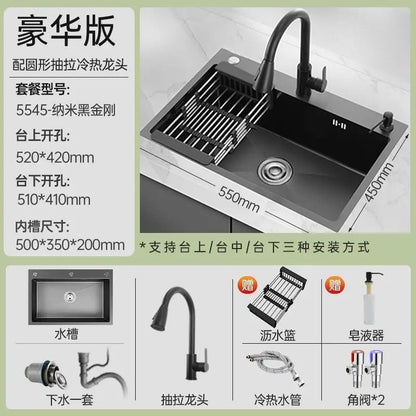 Black 304 Stainless Steel Sink 3mm Thickeneded Kitchen Sink Large Single Tank Household Above Counter Basin under Counter Dishwashing Basin