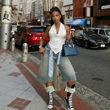 J26tp103 European and American Style Cross-Border Women's Clothing Spring and Summer Night Hanging Neck Draped Tie Knot Big Backless Oblique Swing Solid Color Top