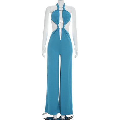 J26jp085 European and American Style Cross-Border Women's Clothing Spring and Summer Halter Backless Ring Stitching Hollow Pleated Wide-Leg Jumpsuit