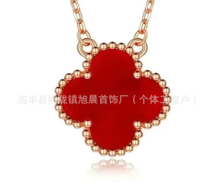 Latest Product 2025 Fanjia Four-Leaf Necklace 15mm Carnelian White Mother-Of-Pearl Pendant Clavicle Chain Couple Gift Fashion