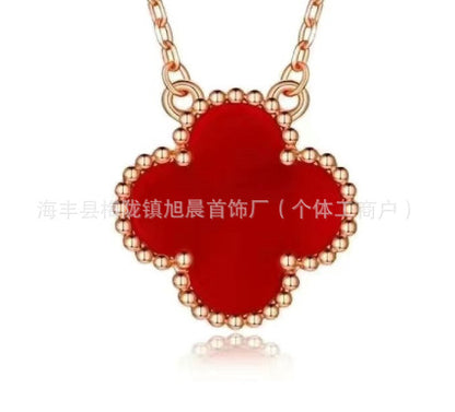 Latest Product 2025 Fanjia Four-Leaf Necklace 15mm Carnelian White Mother-Of-Pearl Pendant Clavicle Chain Couple Gift Fashion