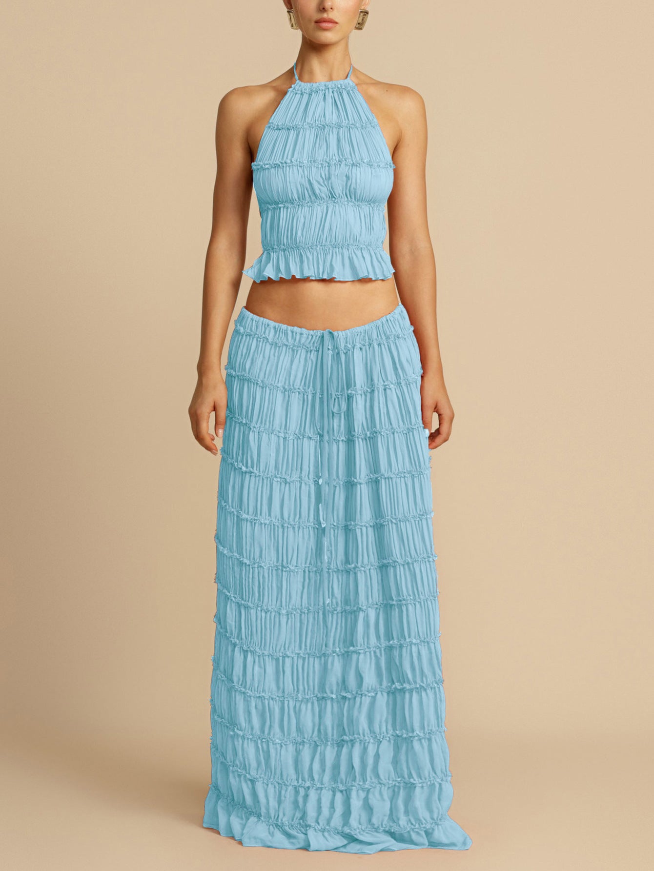 S391524 Spring and Summer Holiday Style Halter Suit Women's Pure Desire to Pleated Sling Top + Half-Length Dress Two-Piece Suit