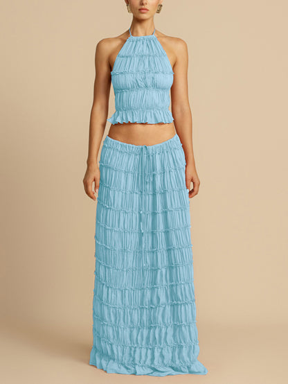 S391524 Spring and Summer Holiday Style Halter Suit Women's Pure Desire to Pleated Sling Top + Half-Length Dress Two-Piece Suit