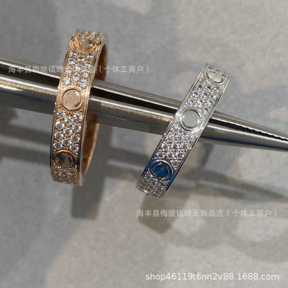 High-End Baby's Breath Ring Plated with 18K Thick Gold Couple Ring Mini Diamond-Set Two-Row Three-Row Diamond Manufacturer Wholesale