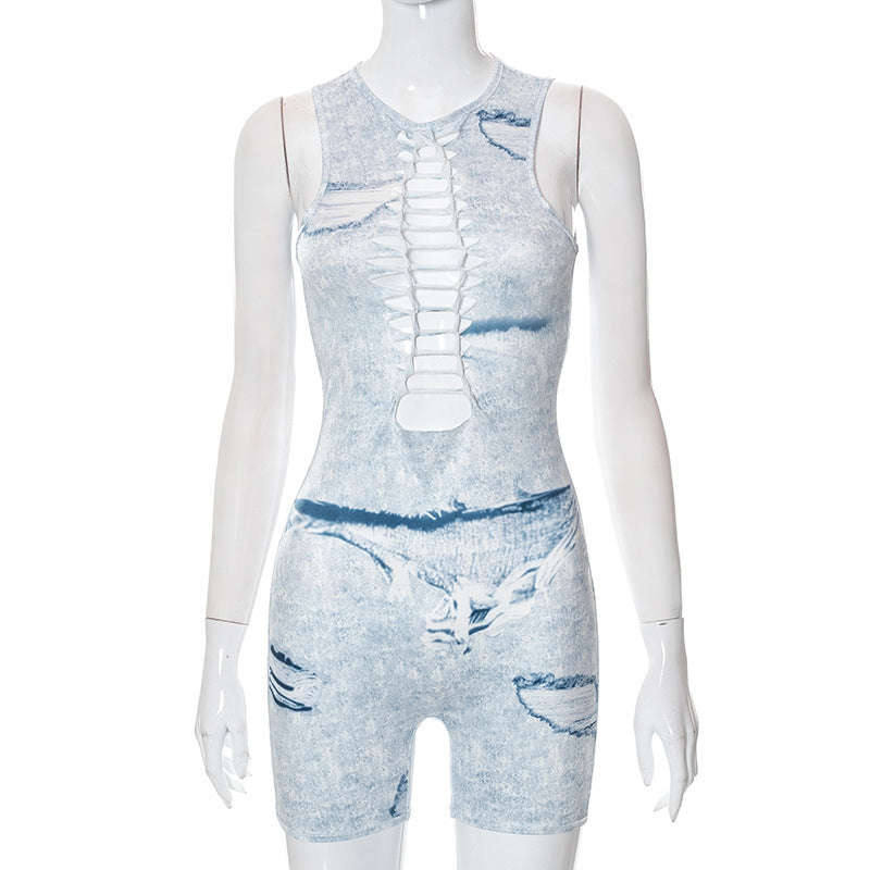 G22RP158 European and American Fashion Women's 2022 Autumn New Printed Sleeveless Crewneck Tight Slim-fit Shorts