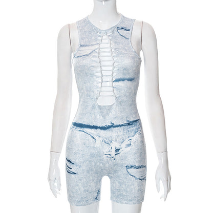 G22RP158 European and American Fashion Women's 2022 Autumn New Printed Sleeveless Crewneck Tight Slim-fit Shorts