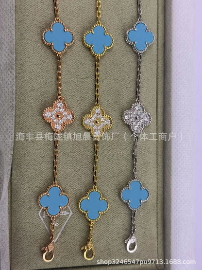 High Version V Gold Four-Leaf Clover Five-Flower Bracelet Cnc Women's Red Agate Purple Chalcedony White Mother-Of-Pearl Plated V Gold V Fashionable and Beautiful