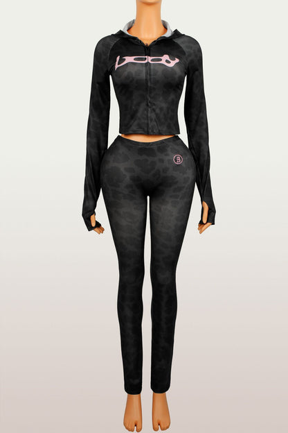 2025 Autumn New European and American Cross-Border Versatile Sexy Letter Print Hooded Long Sleeve Cardigan Top and Pants Set