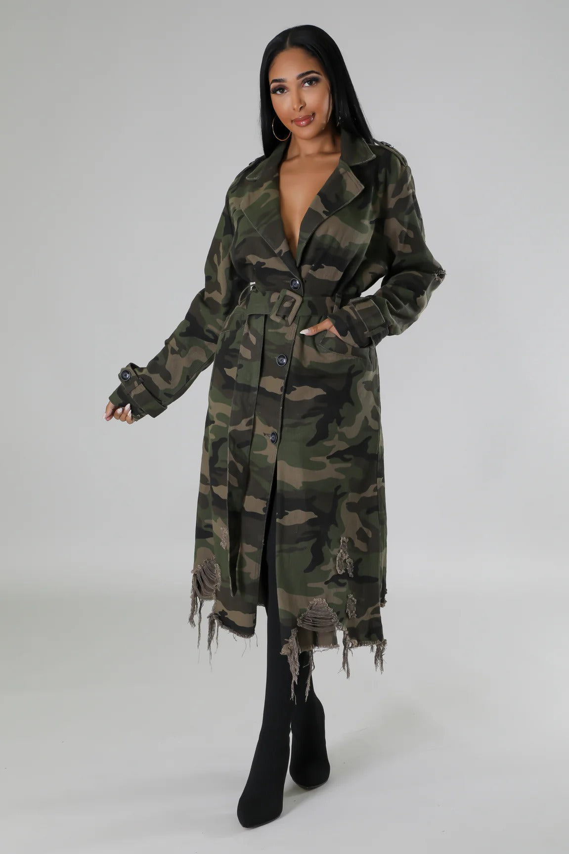 S391323 Cross-Border European and American Independent Station Aliexpress European and American Clothing Ripped Personalized Camouflage Long Windbreaker