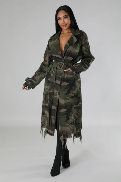 S391323 Cross-Border European and American Independent Station Aliexpress European and American Clothing Ripped Personalized Camouflage Long Windbreaker