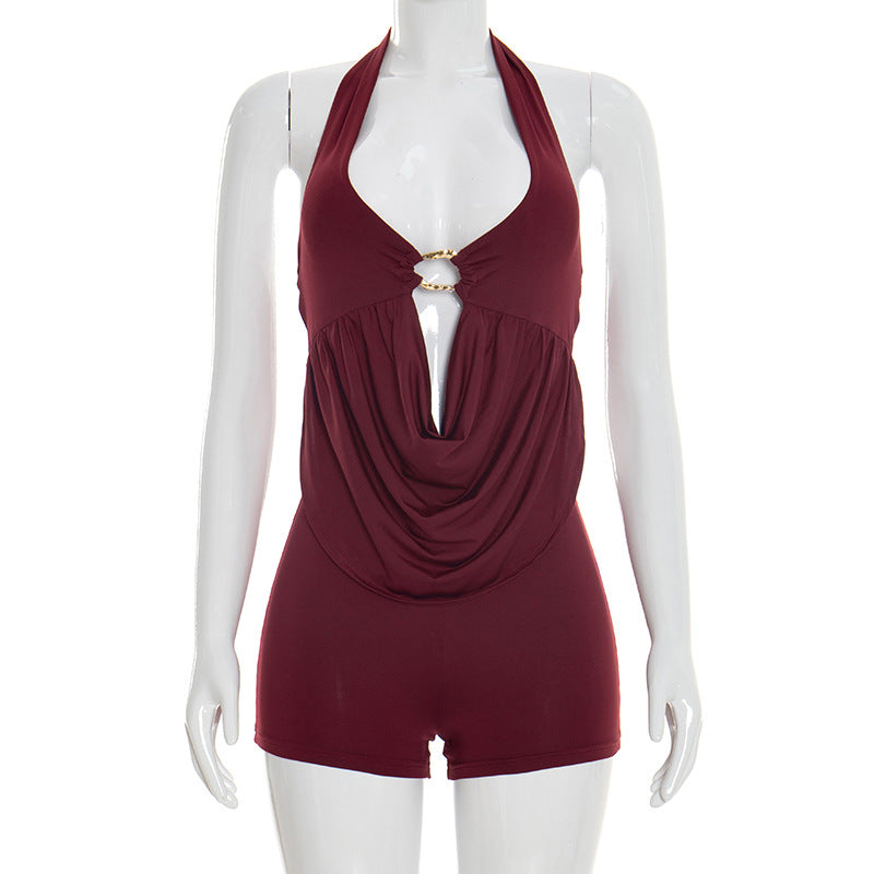 J26rp047 European and American Style Cross-Border Women's Clothing Spring and Summer Halter Strap Hollow Draped Stitching Sheath Short Jumpsuit