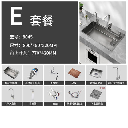 Jiumu Gun Gray Kitchen 304 Stainless Steel Sink Large Single Bowl Handmade Countertop Nano Washbasin Dishwashing Sink