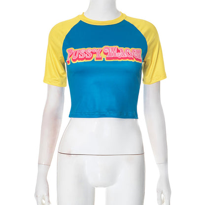 K24TP474 Europe and the United States cross-border women's letter printing color contrast round neck pullover hot girl short umbilical top T-shirt