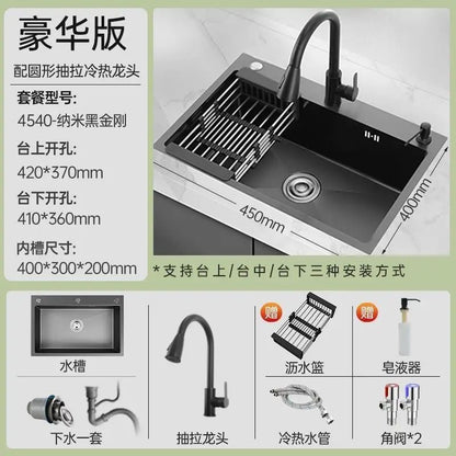 Black 304 Stainless Steel Sink 3mm Thickeneded Kitchen Sink Large Single Tank Household Above Counter Basin under Counter Dishwashing Basin