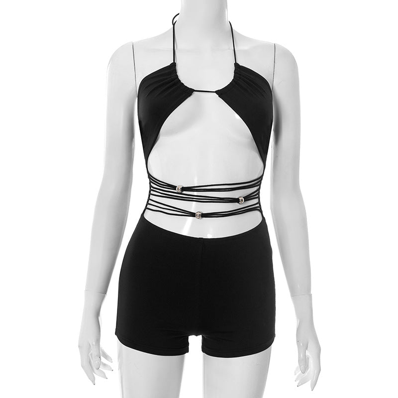 D25RP173 European and American Cross-border Women's Wear Spring and Summer Beads Rope Crossed Neck Hollow Mesh Backless Jumpsuit