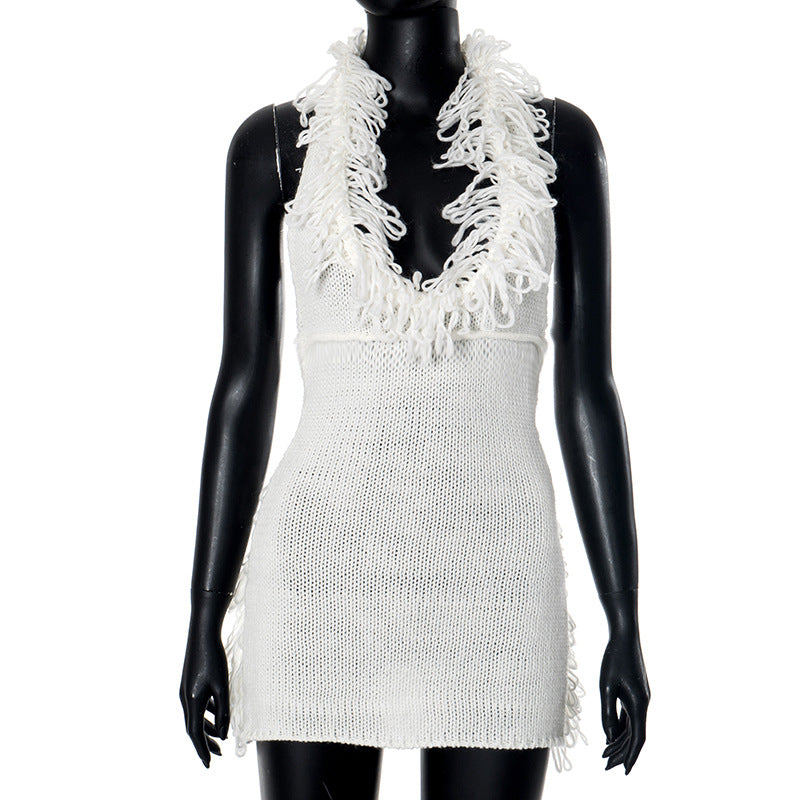 Q24DS633 Europe and the United States cross-border women's autumn and winter tassel deep V neck lace-up backless hip knitted dress