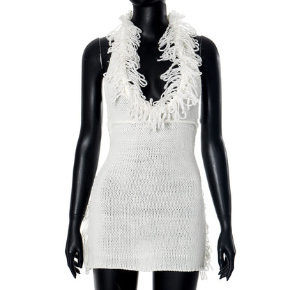 Q24DS633 Europe and the United States cross-border women's autumn and winter tassel deep V neck lace-up backless hip knitted dress