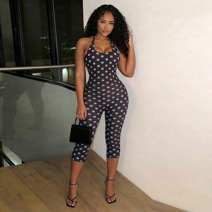 J26jp088 European and American Style Cross-Border Women's Clothing Spring and Summer Halter Strap Backless Polka Dot Hip-Wrapped Stretch Cropped Jumpsuit