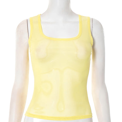 J25Tp198 European and American Style Cross-Border Women's Spring and Summer Wide Shoulder Strap Mesh See-Through Pullover Vest Square Collar Pure Color Top