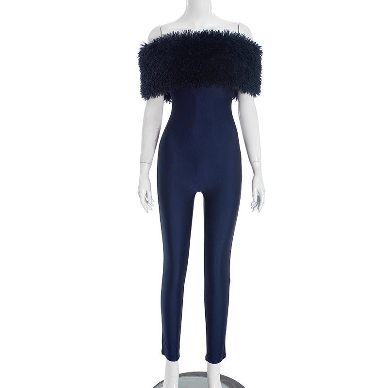 Y25Jp469 European and American Cross-Border Women's Autumn and Winter One-Line Off-Shoulder Fur Collar Splicing Sleeveless Elastic Nine-Point Jumpsuit
