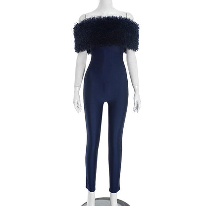Y25Jp469 European and American Cross-Border Women's Autumn and Winter One-Line Off-Shoulder Fur Collar Splicing Sleeveless Elastic Nine-Point Jumpsuit