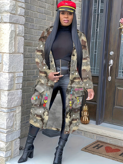 S390237 Spot Wholesale Women's Mid-Length Casual Fashion European and American Camouflage Printed Patch Jacket Military Outwear