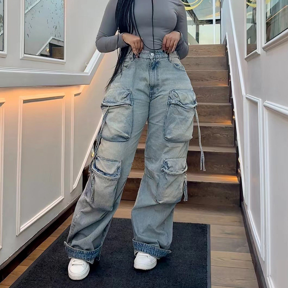 S391298 Cross-Border European and American Fashion Denim Pants Women's Casual Straight Pants