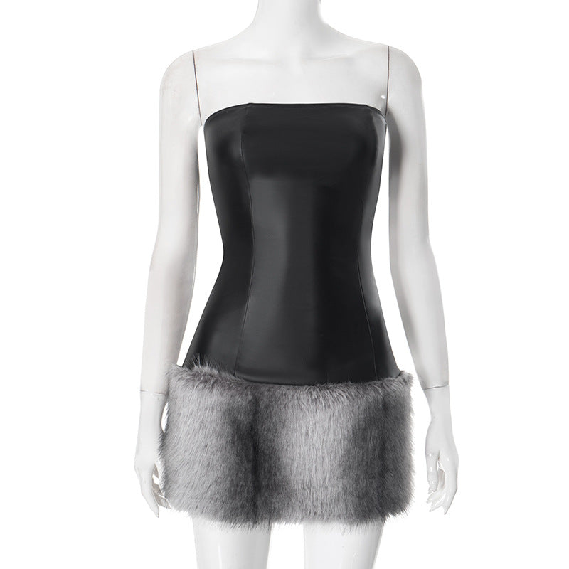H24DS288 European and American style cross-border women's clothing autumn and winter collarless leather tube plush stitching hip short dress