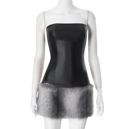 H24DS288 European and American style cross-border women's clothing autumn and winter collarless leather tube plush stitching hip short dress