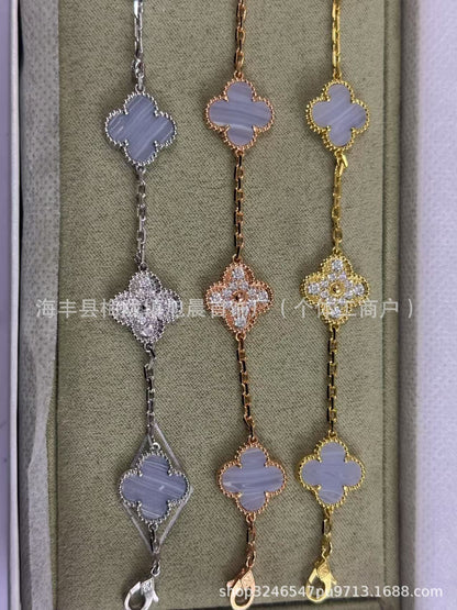 High Version V Gold Four-Leaf Clover Five-Flower Bracelet Cnc Women's Red Agate Purple Chalcedony White Mother-Of-Pearl Plated V Gold V Fashionable and Beautiful