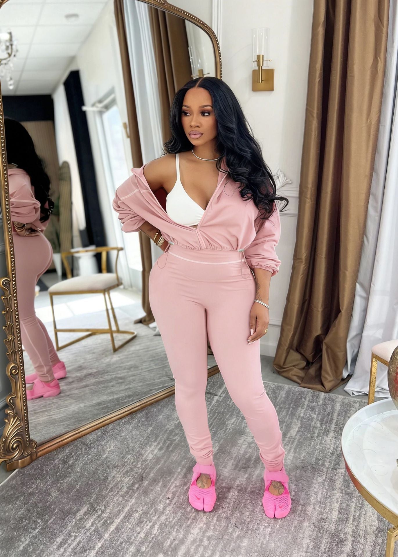 S391525 Fashion Casual Sports Suit Women's Spring and Autumn Solid Color Long Sleeve Zipper Women's Clothing Slimming Two-Piece Suit
