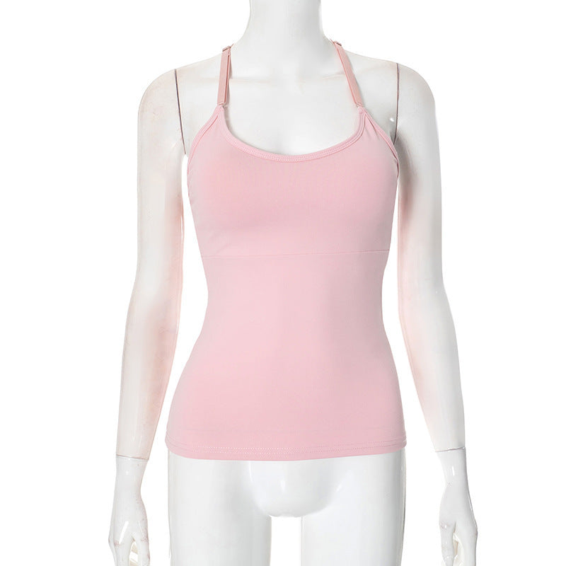 Ztp1391 European and American Women's Clothing Autumn Amazon New Solid Color Sexy Back Lace Stitching Chest Pad Vest Top