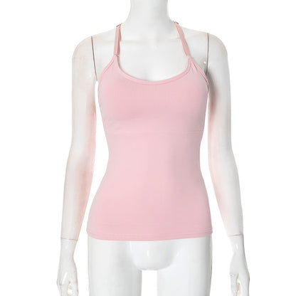 Ztp1391 European and American Women's Clothing Autumn Amazon New Solid Color Sexy Back Lace Stitching Chest Pad Vest Top