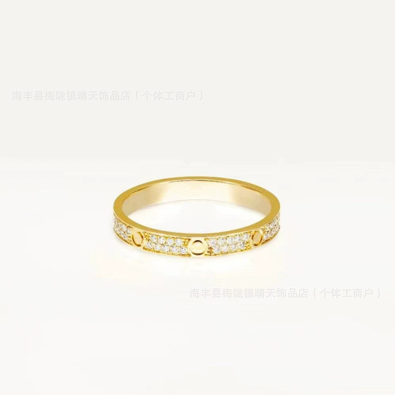 High-End Baby's Breath Ring Plated with 18K Thick Gold Couple Ring Mini Diamond-Set Two-Row Three-Row Diamond Manufacturer Wholesale
