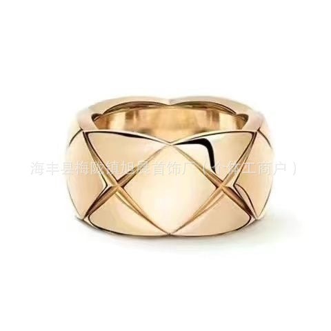 Coco Diamond Plaid Ring Light Luxury 18k Gold Diamond Inspired Stacked Wearing Wide and Narrow Edition High-end Small Chanel Style Couple Ring