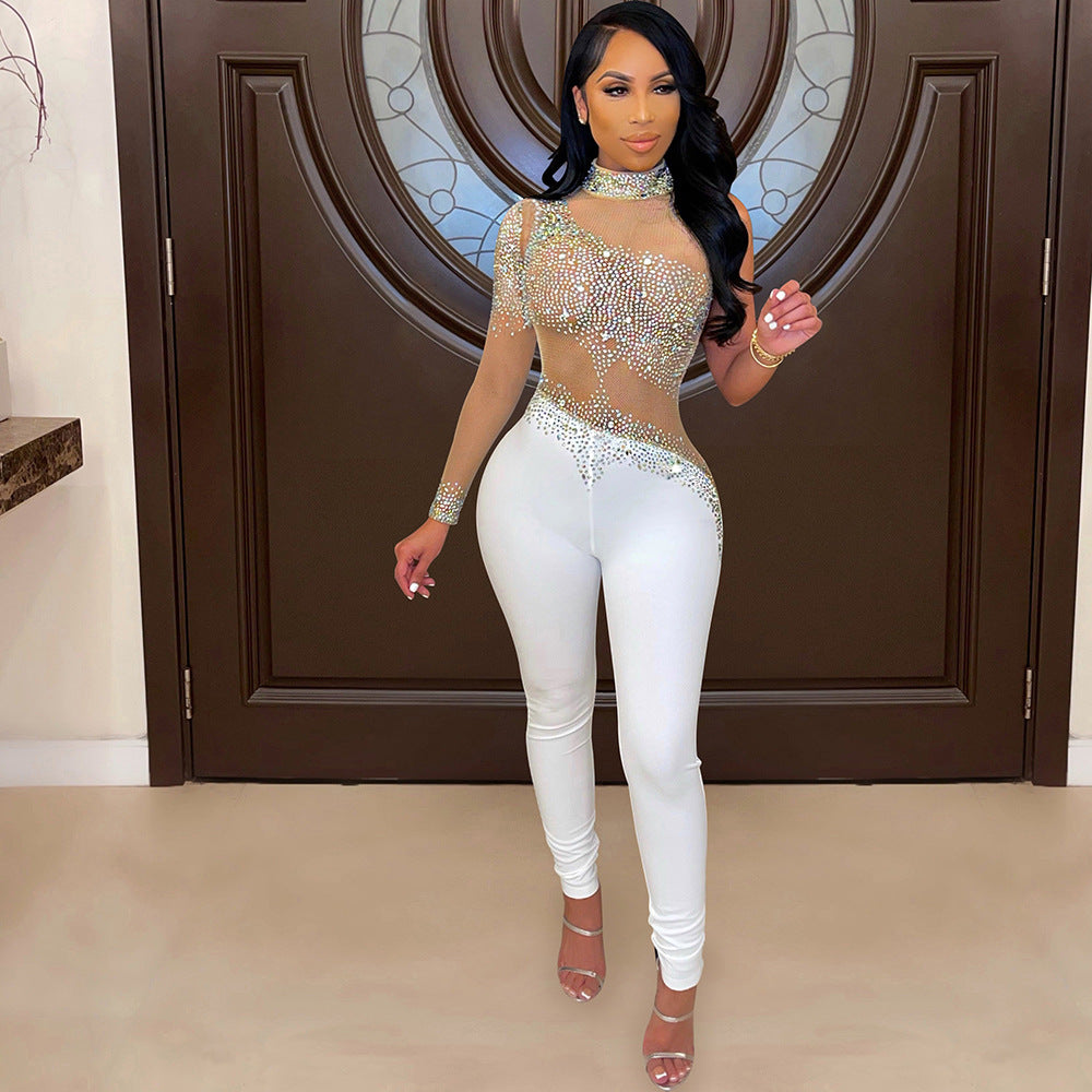 S390212 Aliexpress Cross-Border Foreign Trade Fashion Sexy Mesh See-Through Hot Diamond Pants Long-Sleeved Jumpsuit for Women