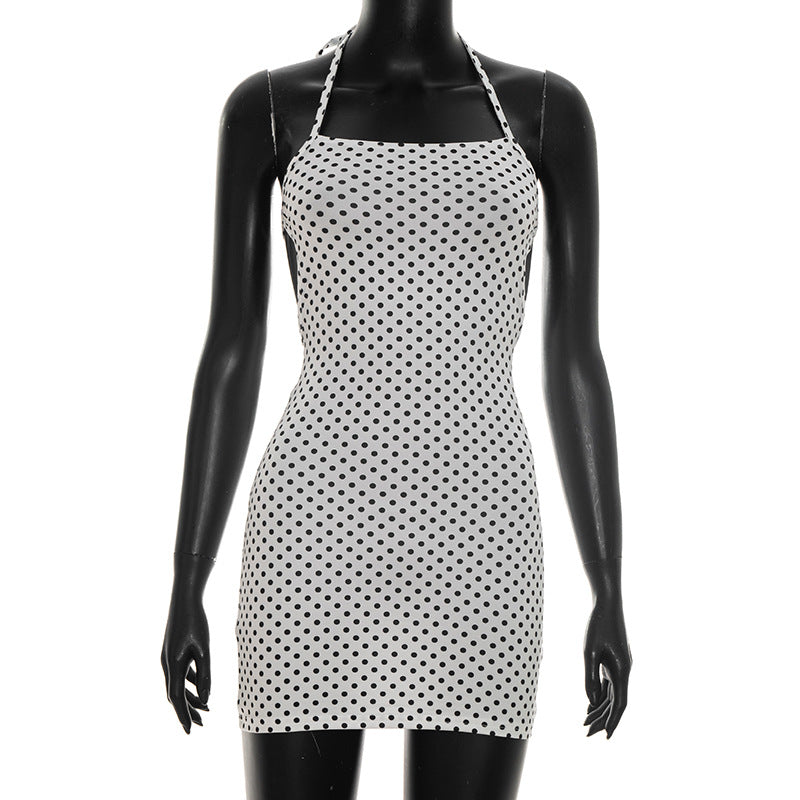 J26ds002 European and American Cross-Border Women's Spring and Summer Thin Strap Halter Backless Lace-up Polka Dot Printed Sheath Mini Dress