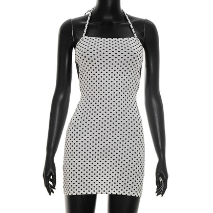 J26ds002 European and American Cross-Border Women's Spring and Summer Thin Strap Halter Backless Lace-up Polka Dot Printed Sheath Mini Dress